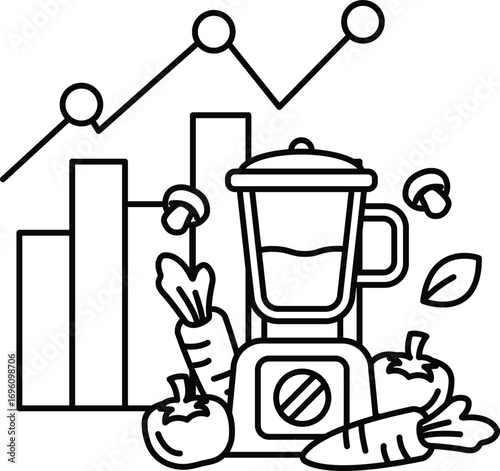 A blender with vegetables in it is shown with a graph in the background