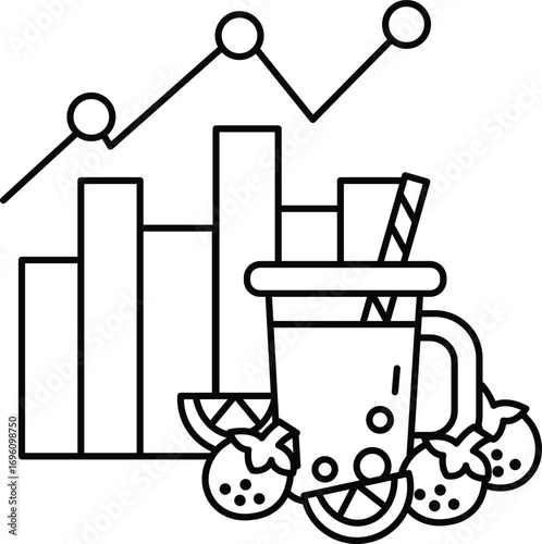 A black and white drawing of a cup of juice with a straw