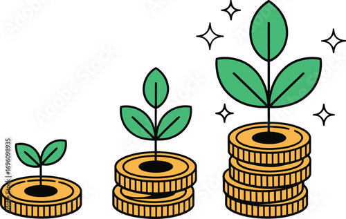 Investments flourish like vibrant plants growing from stacks of gold coins, symbolizing financial growth