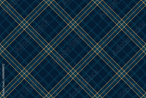 Classic plaid pattern featuring crossing blue and gold lines on dark blue background. Versatile for textiles, backgrounds, or graphic design projects needing a timeless feel.
