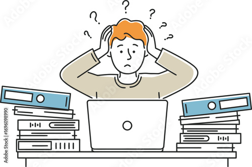 Stressed worker overwhelmed by paperwork and deadlines at desk with laptop questions anxiety problems