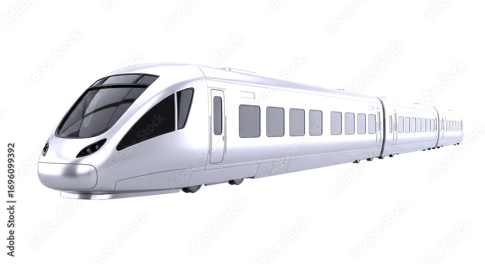 Fototapeta premium sleek silver highspeed train realistic 3d model for transport, game assets, and architectural visualizations, isolated on transparent background