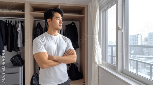 Man Contemplating at Window: A man gazes thoughtfully out of a window, arms crossed, dressed in a white shirt and standing near a wardrobe. Contemplation, urban life. Free Download Man Contemplating at Window: A man gazes thoughtfully out of a window, arms crossed, dressed in a white shirt and standing near a wardrobe. Contemplation, urban life. - GFXLoad