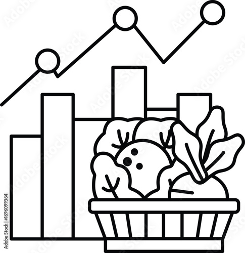 A graph with three lines and a basket of vegetables