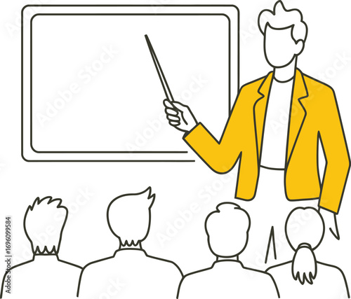 Dynamic speaker presenting to audience at conference with whiteboard for vibrant learning and development