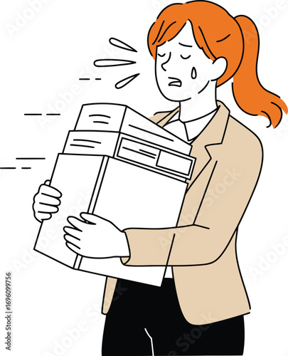 Overwhelmed businesswoman carrying heavy stack of files, stressed and exhausted from overwork or deadlines
