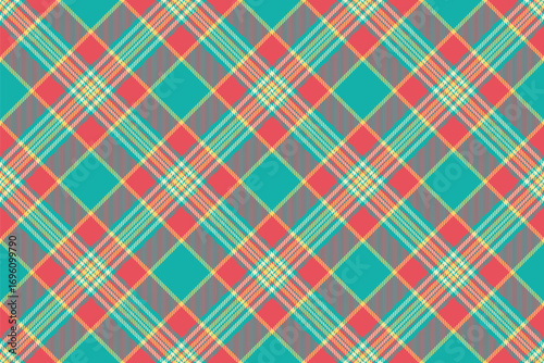Random background check plaid, formal vector pattern texture. Expressive textile seamless tartan fabric in teal and red colors.