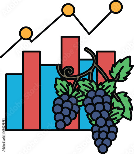 A black and white drawing of a bunch of grapes and a graph