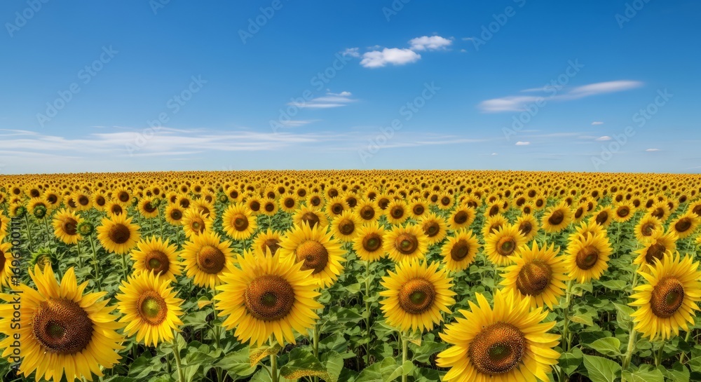 Fototapeta premium Vibrant sunflower field under a clear blue sky, a breathtaking summer landscape bursting with color