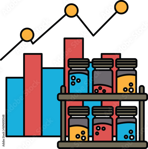 A graph with a line going up and down and a bunch of jars on a shelf