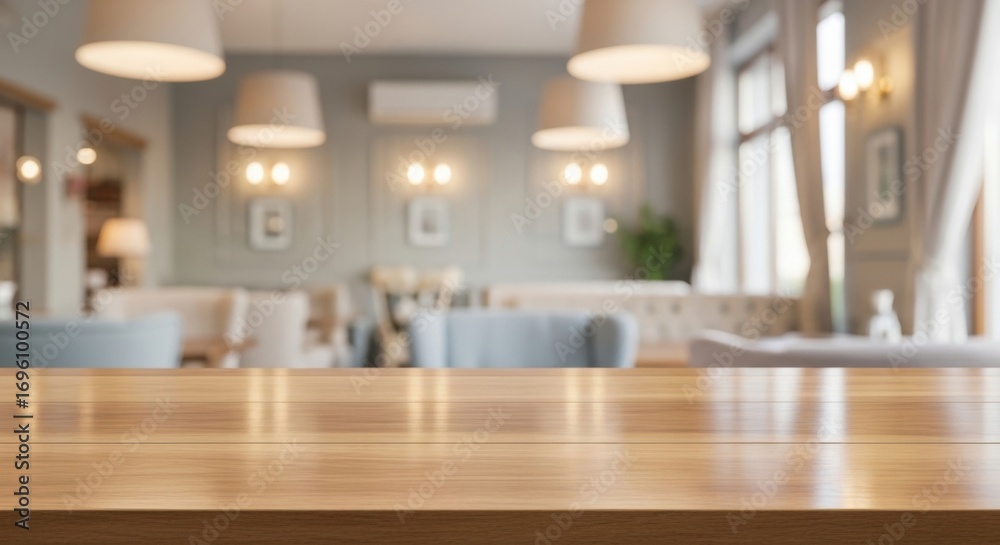 Fototapeta premium Polished Wooden Tabletop Overlooking Blurred Modern Cafe Interior with Soft Lighting