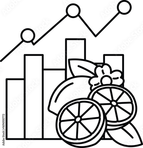 A black and white drawing of a graph with three lines and a bunch of oranges