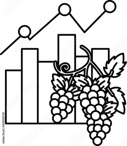 A black and white drawing of a bunch of grapes and a graph