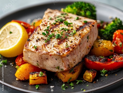 Grilled tuna steak served with a side of roasted vegetables and lemon wedges