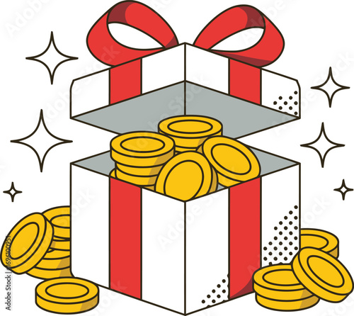 Unwrap financial success with this vibrant gift box filled with golden coins and sparkling stars illustration