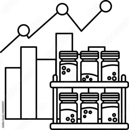 A graph with a line going up and down and a bunch of jars on a shelf