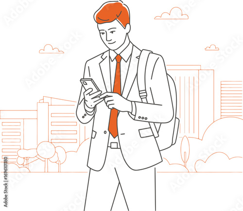 Dynamic professional checking mobile device near modern buildings ready to seize the day with energy