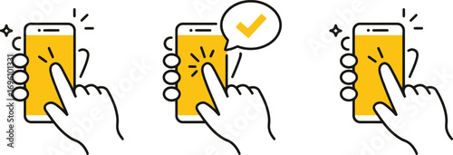 Mobile payment success hands using smartphone to complete transaction with checkmark for business applications