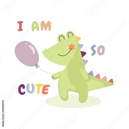 Adorable cartoon dinosaur with pastel balloon and cute lettering. Perfect vector illustration for baby shower, gender reveal, newborn celebration, kids party invitation or greeting card.