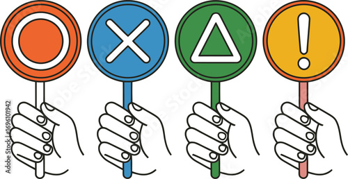 Hands holding circle cross triangle and exclamation paddles for game show competition or survey votes
