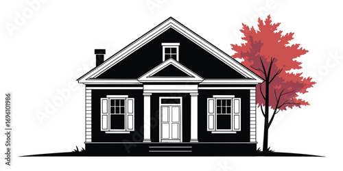 Classic House Vector Illustration with Tree for Real Estate and Home Design Projects