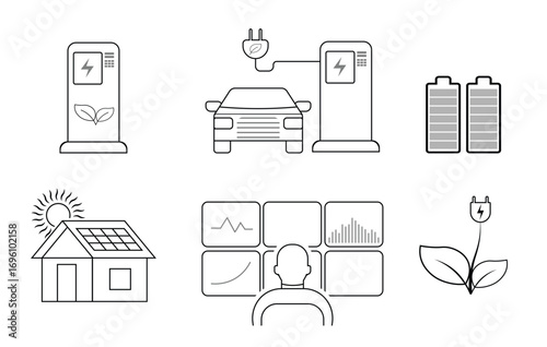Electric Energy and Sustainable Technology Line Icons Including EV Charging and Solar Power