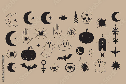 Mysterious halloween and occult symbols collection on a kraft paper background