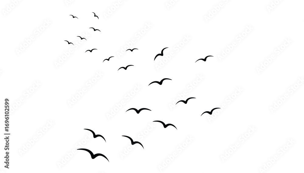 Fototapeta premium Flying Birds Silhouette Flock in Minimal Style Isolated on White Background