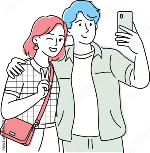 Cheerful couple taking a selfie with a smartphone, celebrating friendship and youthful energy together
