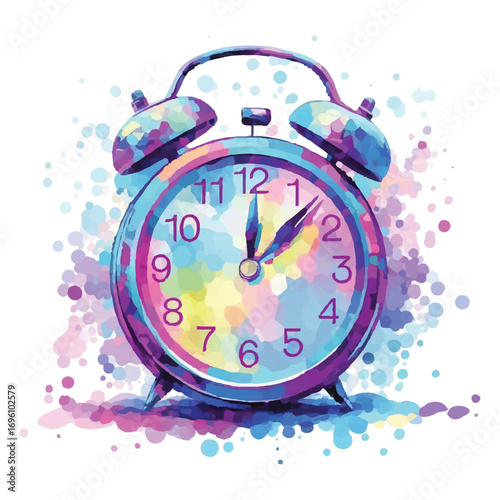 Colorful Watercolor Alarm Clock Vector Illustration on Transparent Background