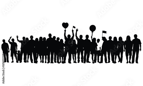 Crowd of people celebrating unity and community spirit, perfect for social activism campaigns or event marketing, diverse group silhouette against white