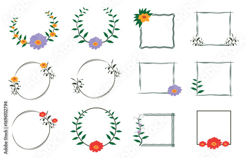 Colorful Floral Frames and Decorative Borders with Flowers and Leaves Isolated on White
