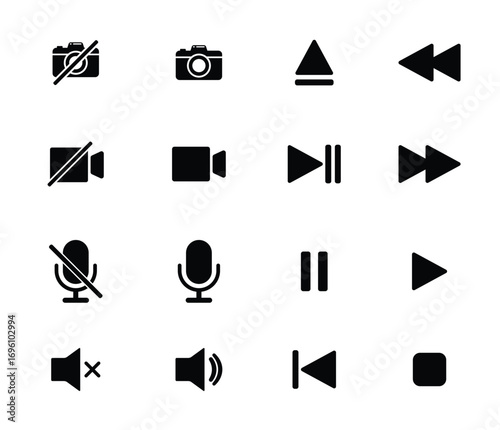 Black Multimedia Control Icons Set Including Camera Video Audio and Playback Symbols Isolated on Transparent Background