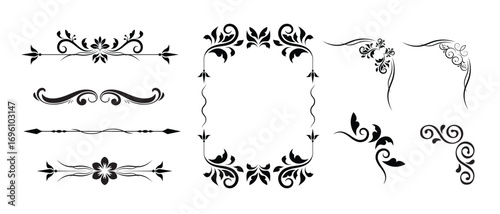 Vintage decorative floral frame and border ornaments set