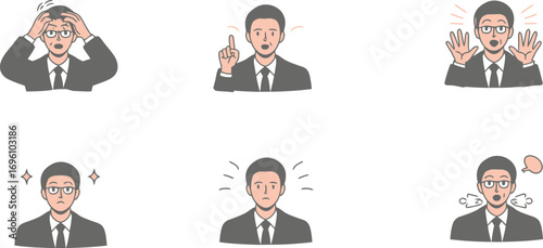 Diverse reactions of a businessman showing stress, solution, surprise, joy, sadness, and frustration
