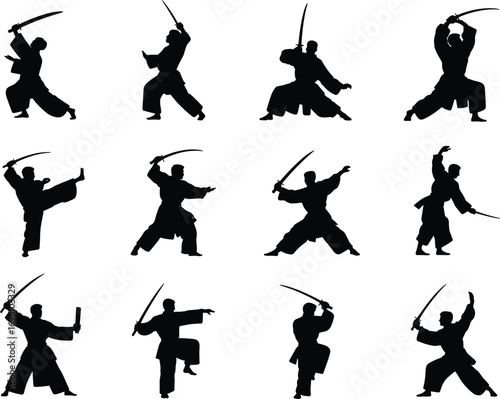 Black katana martial arts silhouette icon set showing diverse sword fighting poses inspired by Kenjutsu, Kendo, and Japanese combat