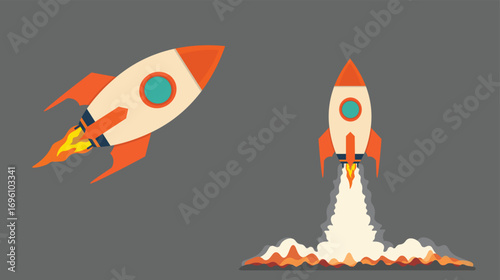 Rocket launch vector illustration with flames and smoke
