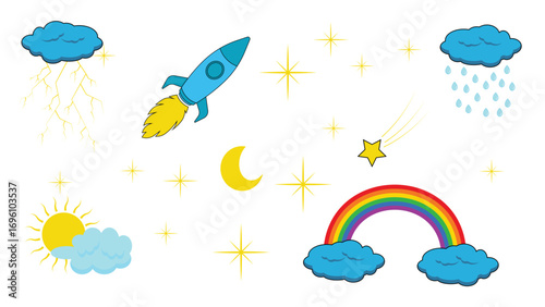 Weather and space elements vector set with sun moon stars rainbow rocket and clouds