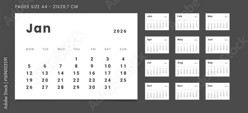 2026 Calendar Planner Set of new Template 12 Monthly Page for Corporate or Personal use. Vector layout minimalist of a wall or desk organizer with week start Monday for print. Page for size A4-21x29.7