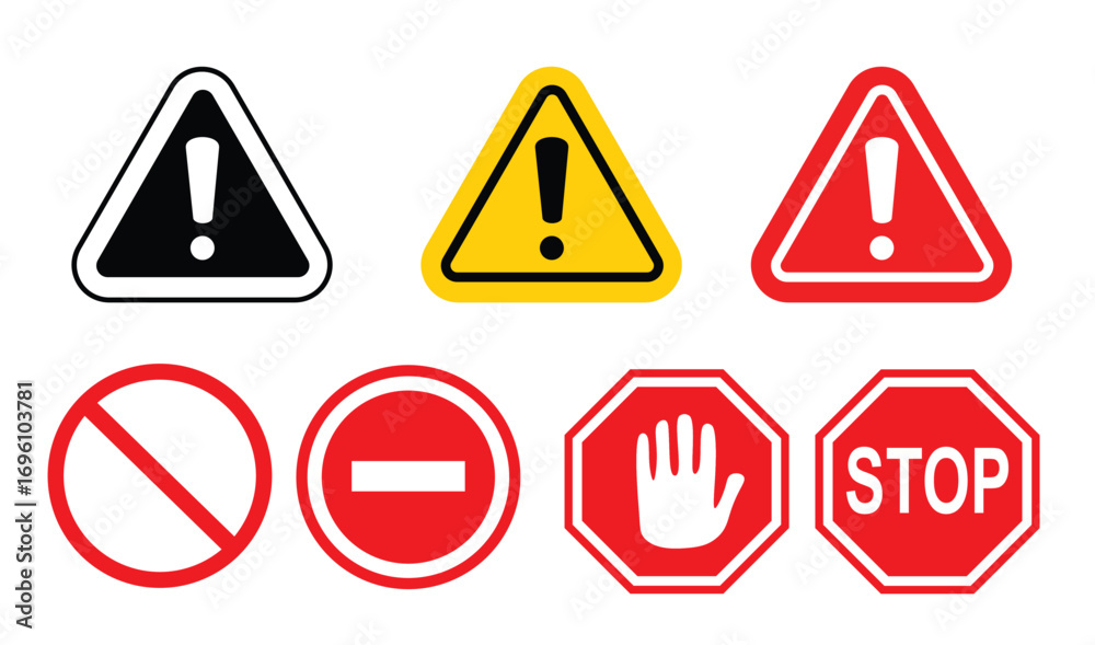 Obraz premium Warning and stop signs vector set with caution danger and prohibition symbols isolated on white background