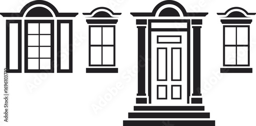 Classic architectural facade with arched windows, decorative columns, vintage door design, symmetrical layout, black and white illustration, traditional building elements