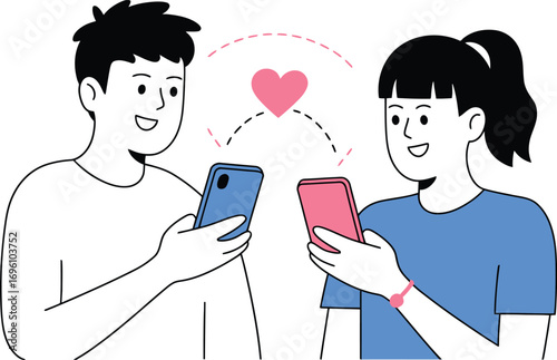 Couple sharing love online with their smartphones a pink heart connecting them virtually for a digital connection