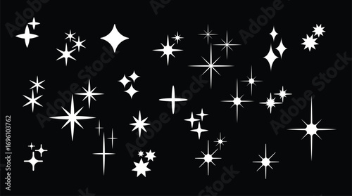 Sparkle star vector set shining light effects isolated on black background
