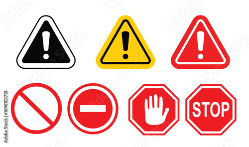 Warning and stop signs vector set with caution danger and prohibition symbols isolated on white background
