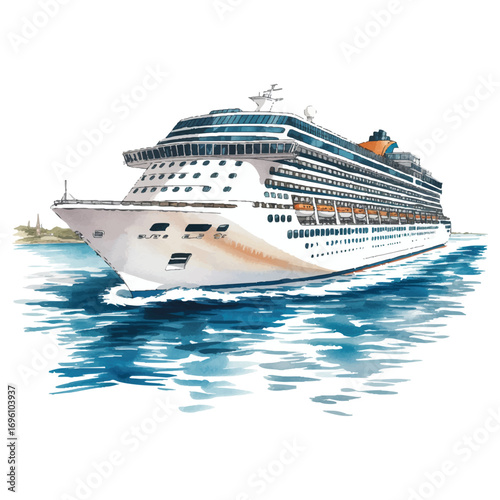 Cruise Ship Vector Illustration Ocean Liner with Blue Water and Clear Sky Scenery