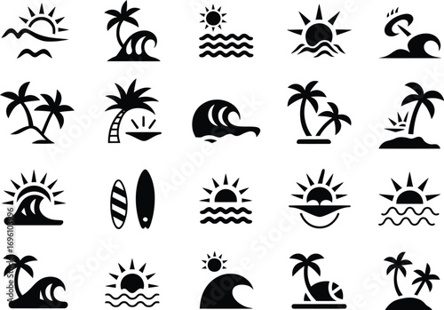 Black and white beach vacation icons set for summer holiday designs and tropical travel promotions