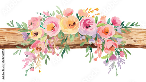 Watercolor Floral Arrangement Vector with Roses and Wooden Plank Illustration