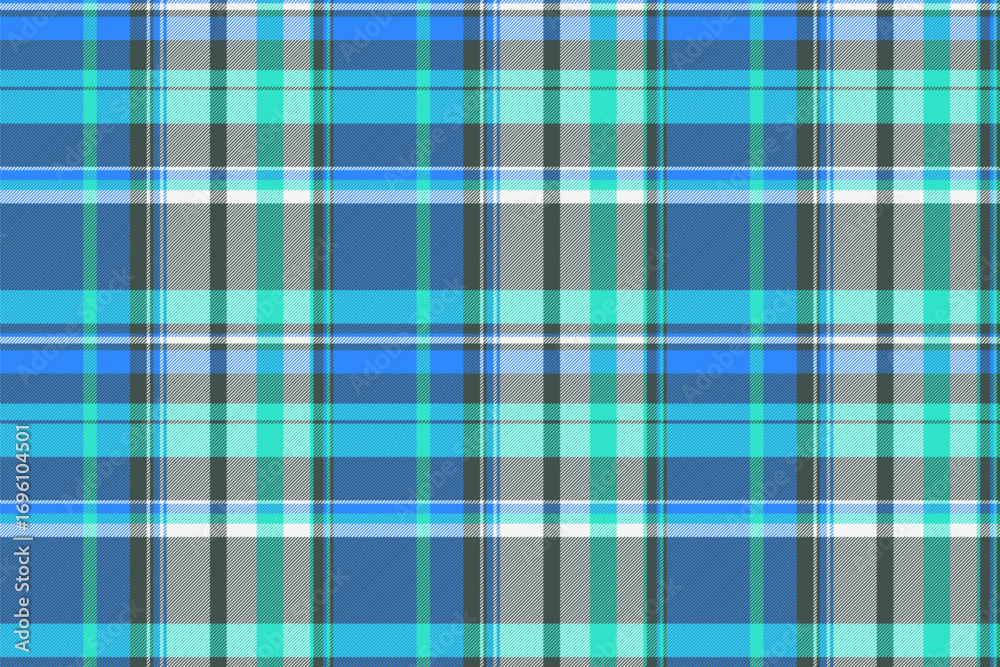 Fototapeta premium Modern tartan pattern in shades of blue, teal, gray and white. Seamless plaid background for textile design, fashion or decoration. Versatile, classic.