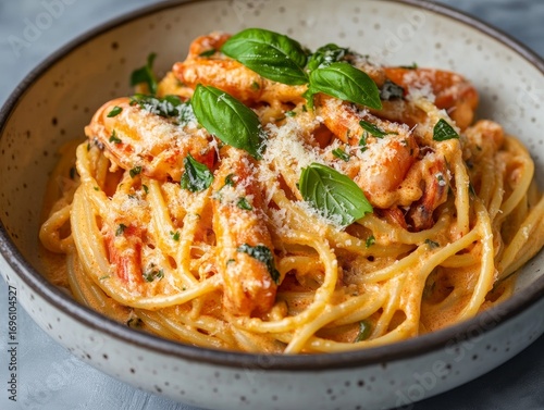 Lobster pasta in a creamy sauce with fresh basil and parmesan