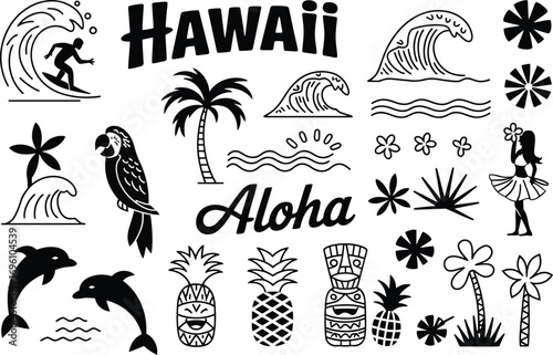 Hawaii themed vector design elements for summer vacations and island lifestyle designs in black and white